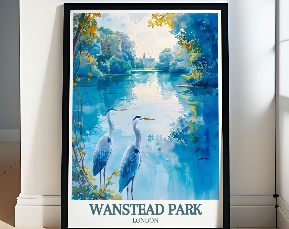 Wanstead Park London Herons on Lake Watercolor Travel Poster