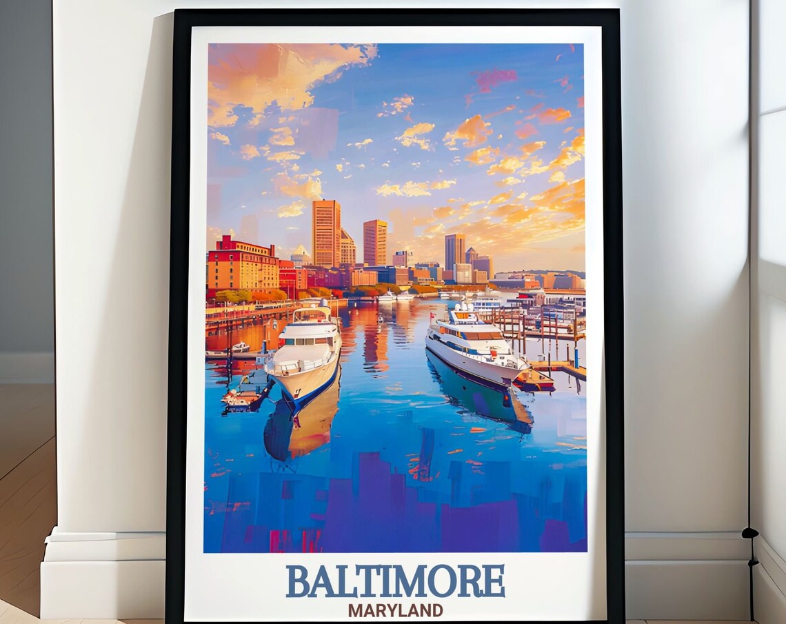 Baltimore Maryland Inner Harbor Yachts Sunset Skyline Travel Poster