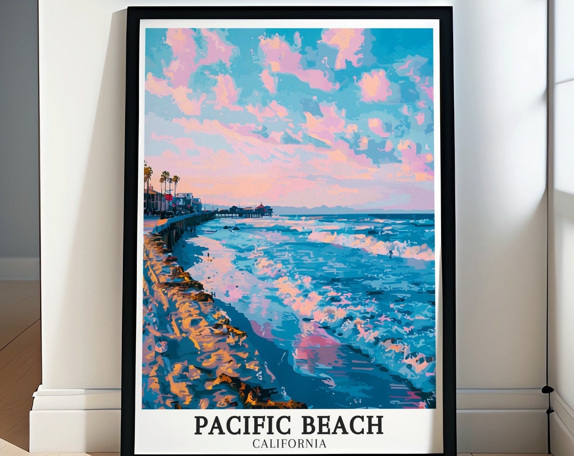 Pacific Beach California Pink Sunset Boardwalk Surf Scene Poster
