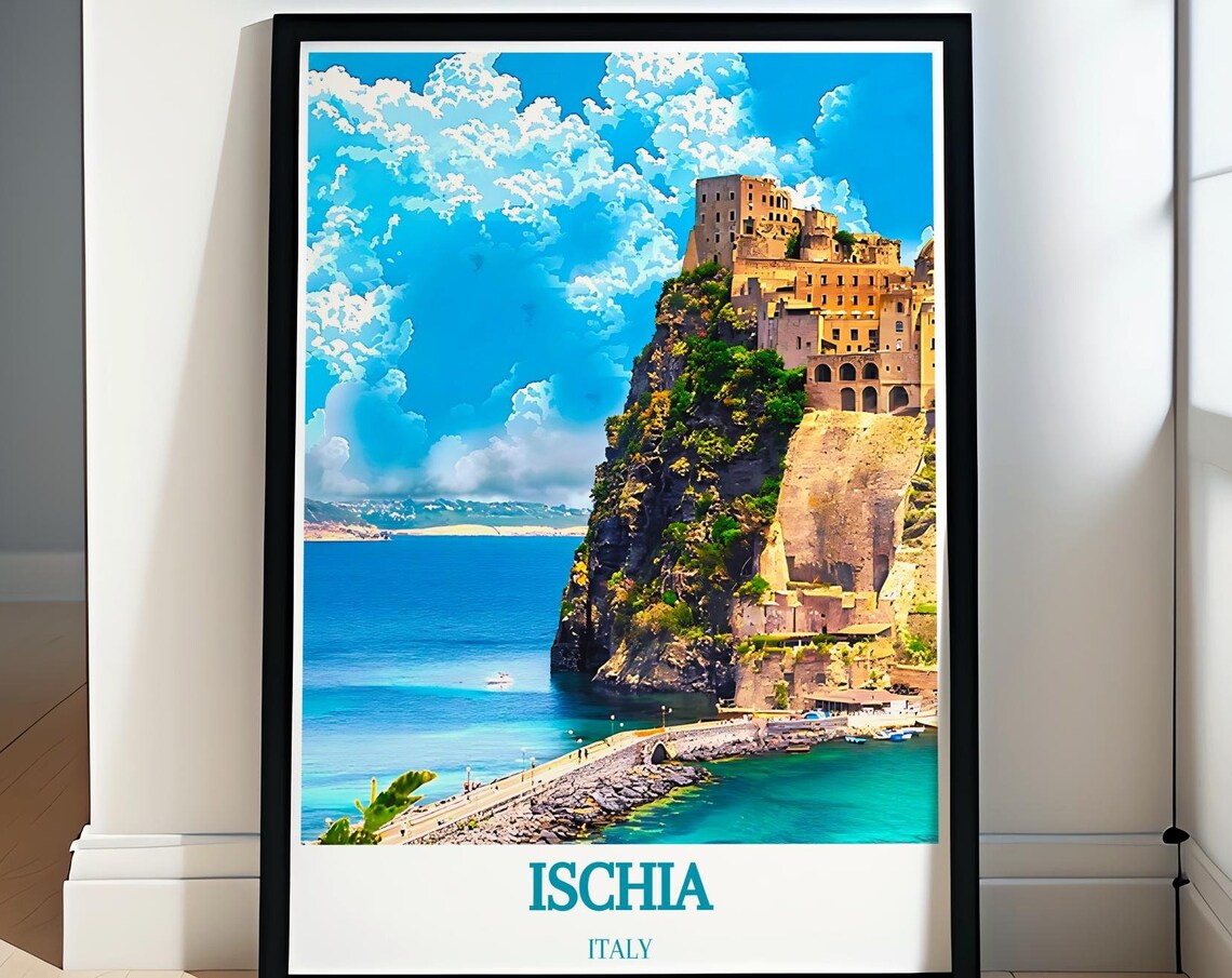 Ischia Italy Aragonese Castle Cliffside Coastal Panorama Travel Poster