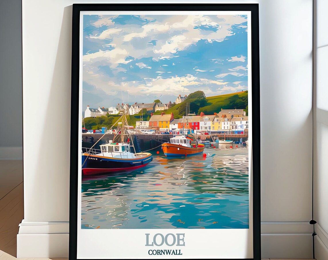Looe Harbour Fishing Boats Colorful Waterfront Travel Poster