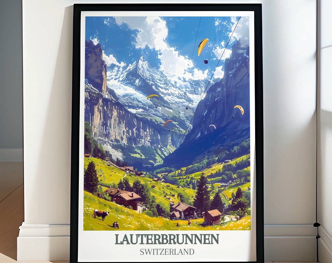 Lauterbrunnen Valley Chalets Snow Peaks Switzerland Travel Poster