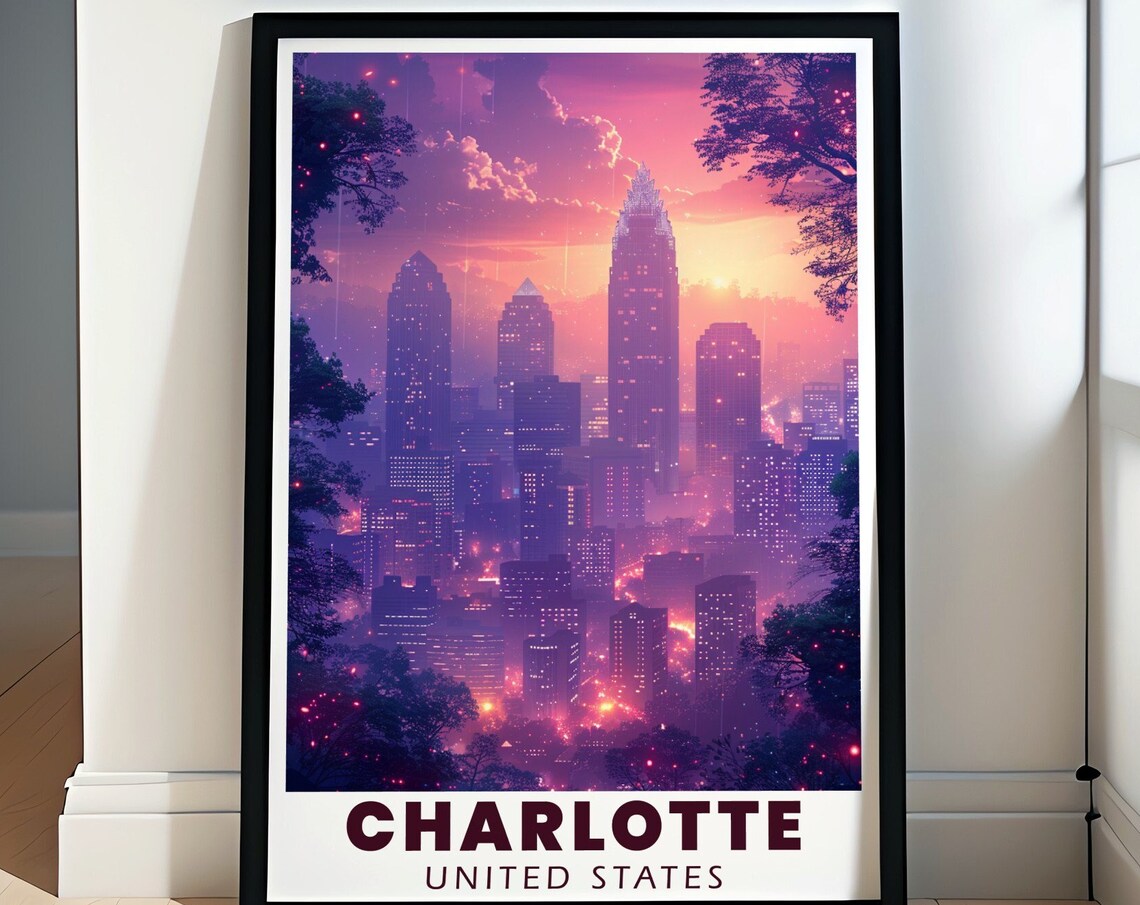 Charlotte North Carolina Night Skyline City Lights Travel Poster