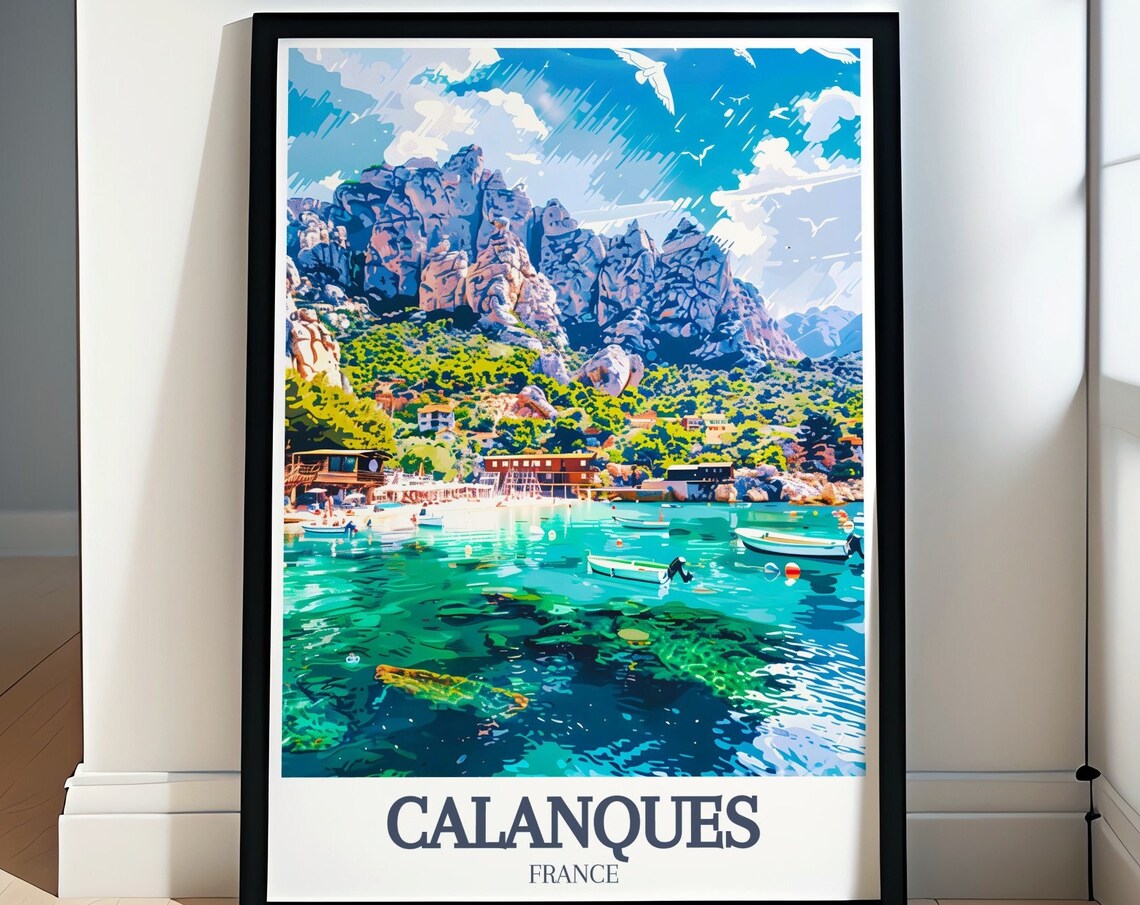 Calanques Turquoise Cove With Boats And Rocky Headland France Poster