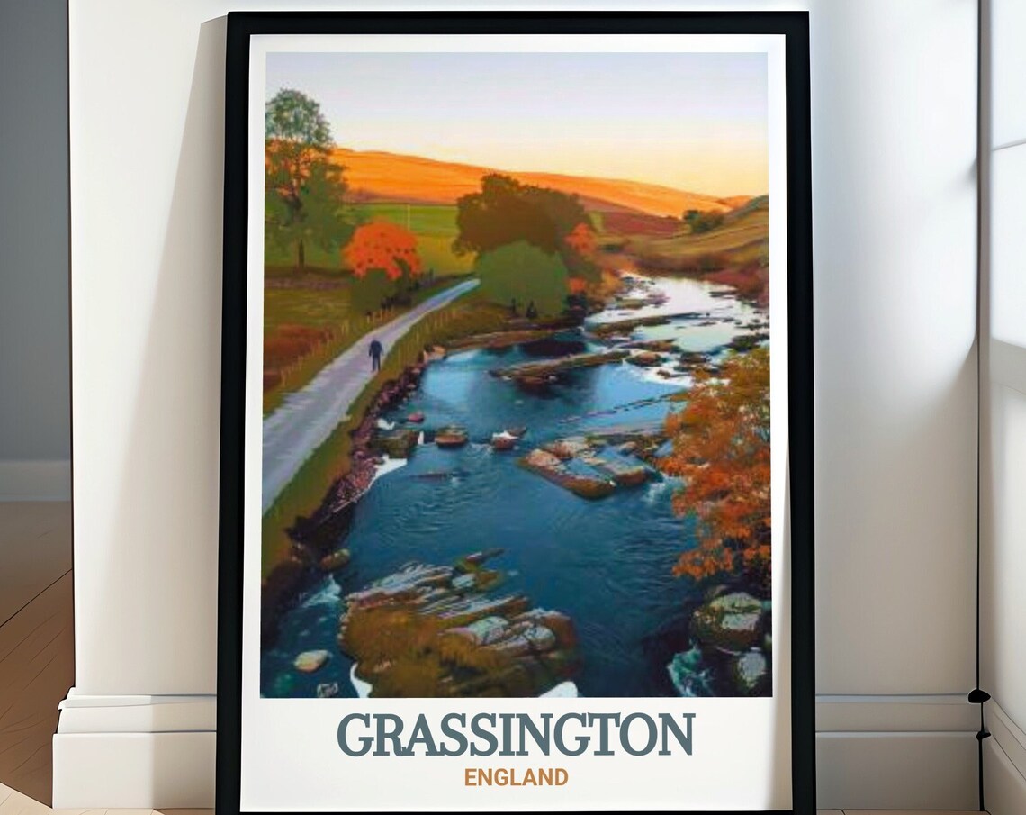 Grassington England River Wharfe Sunset Autumn Travel Poster