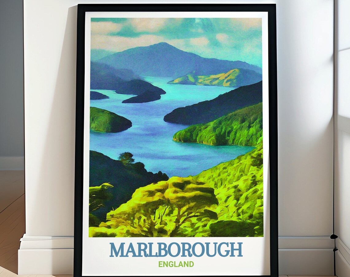 Marlborough Green Islands Waterway Vintage Scenic Travel Poster