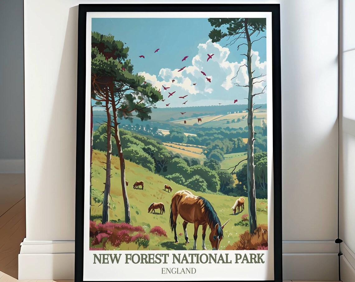 New Forest National Park Grazing Ponies on Sunny Heathland Poster