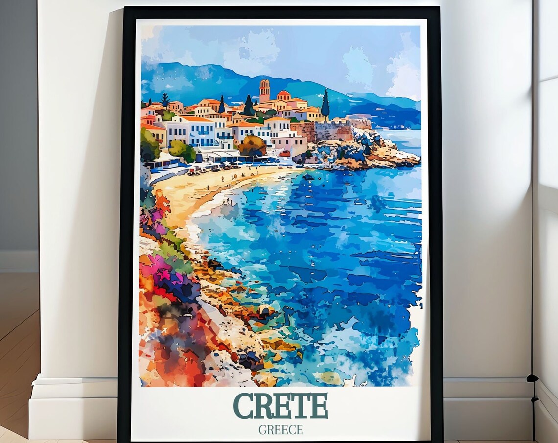 Crete Greece Coastal Town Bay Church Tower Watercolor Poster