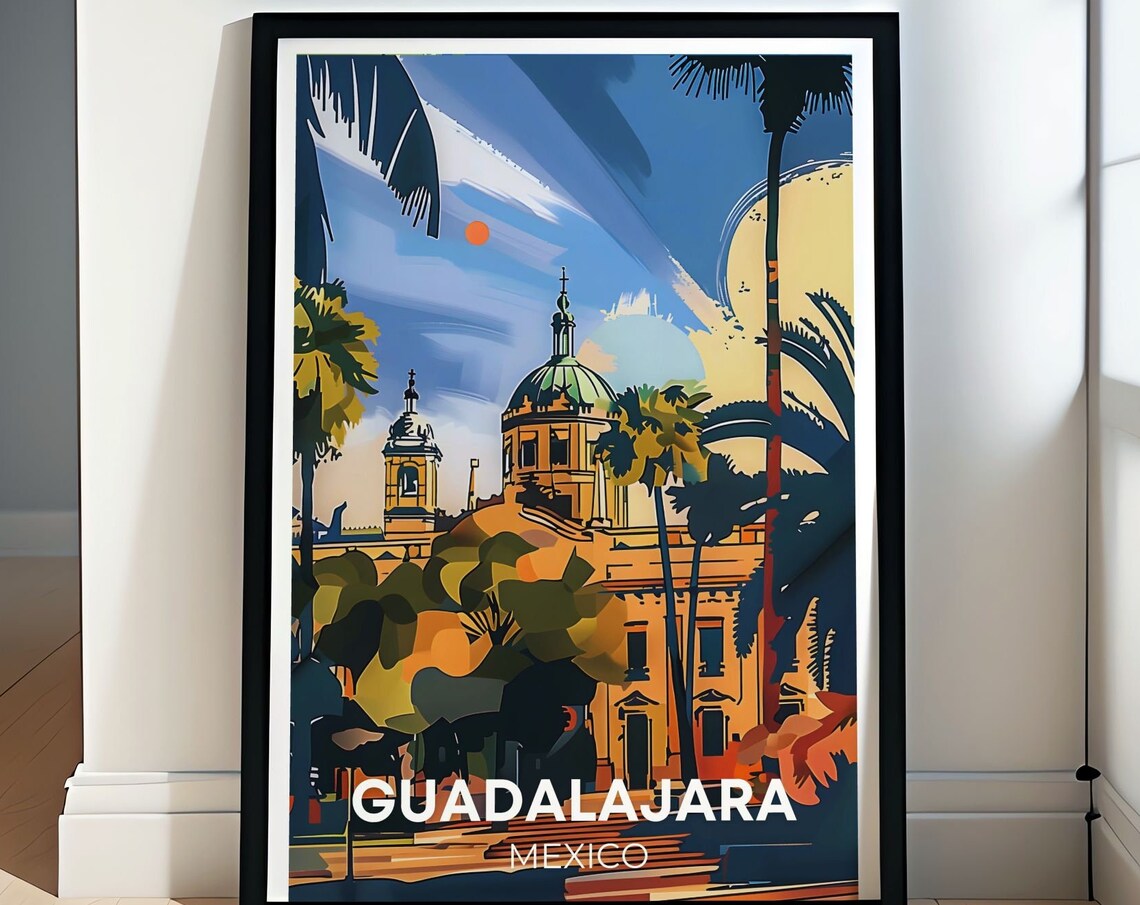 Guadalajara Mexico Cathedral Palms Dusk City Scene Art Poster