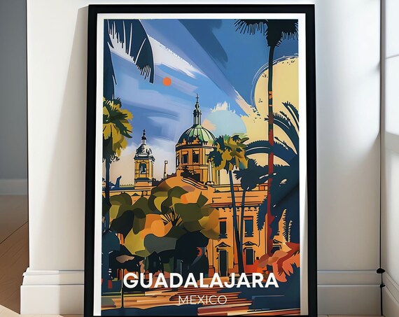 Guadalajara Mexico Cathedral Palms Dusk City Scene Art Poster