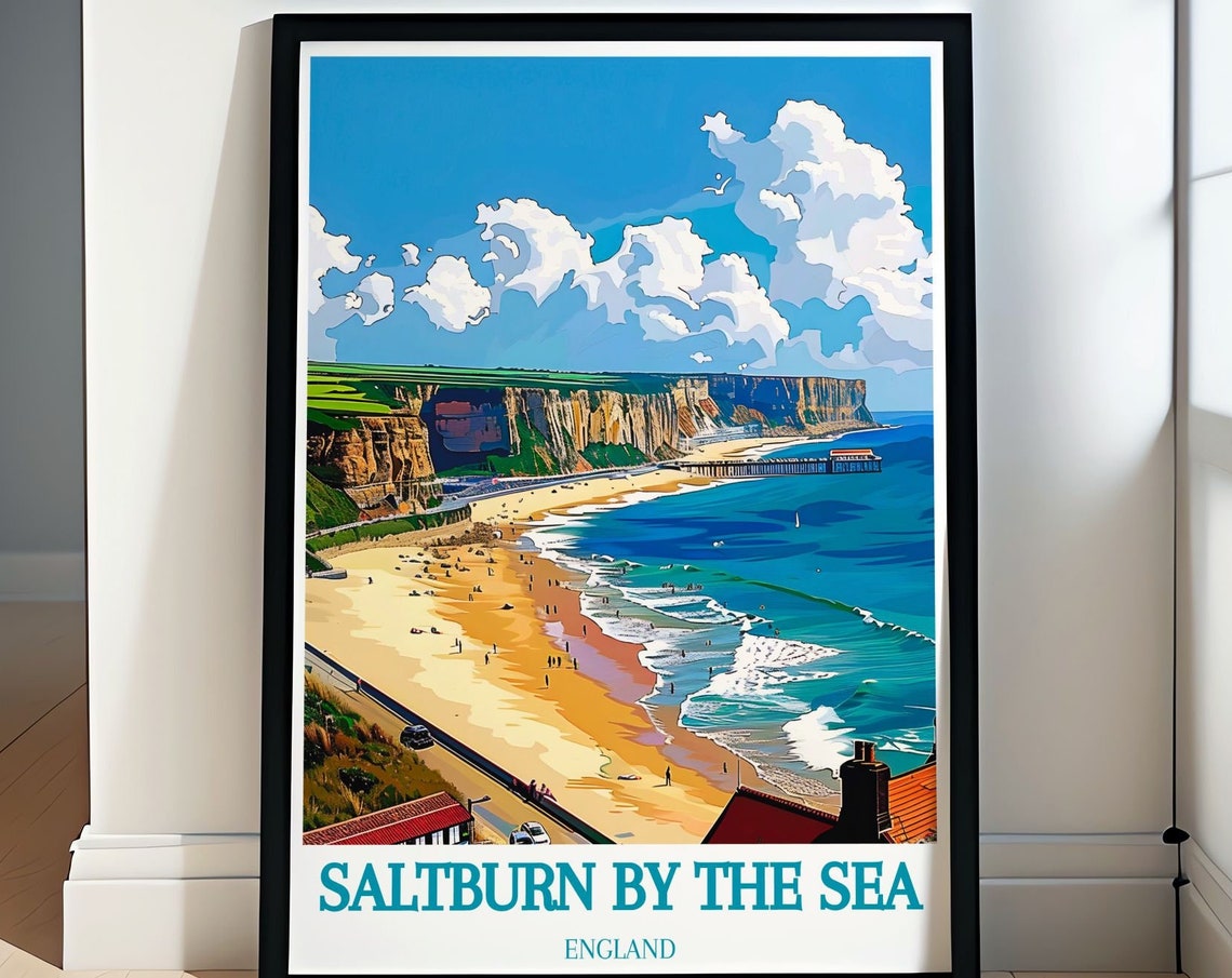 Saltburn By The Sea Sandy Beach Cliffs And Pier Aerial View Poster