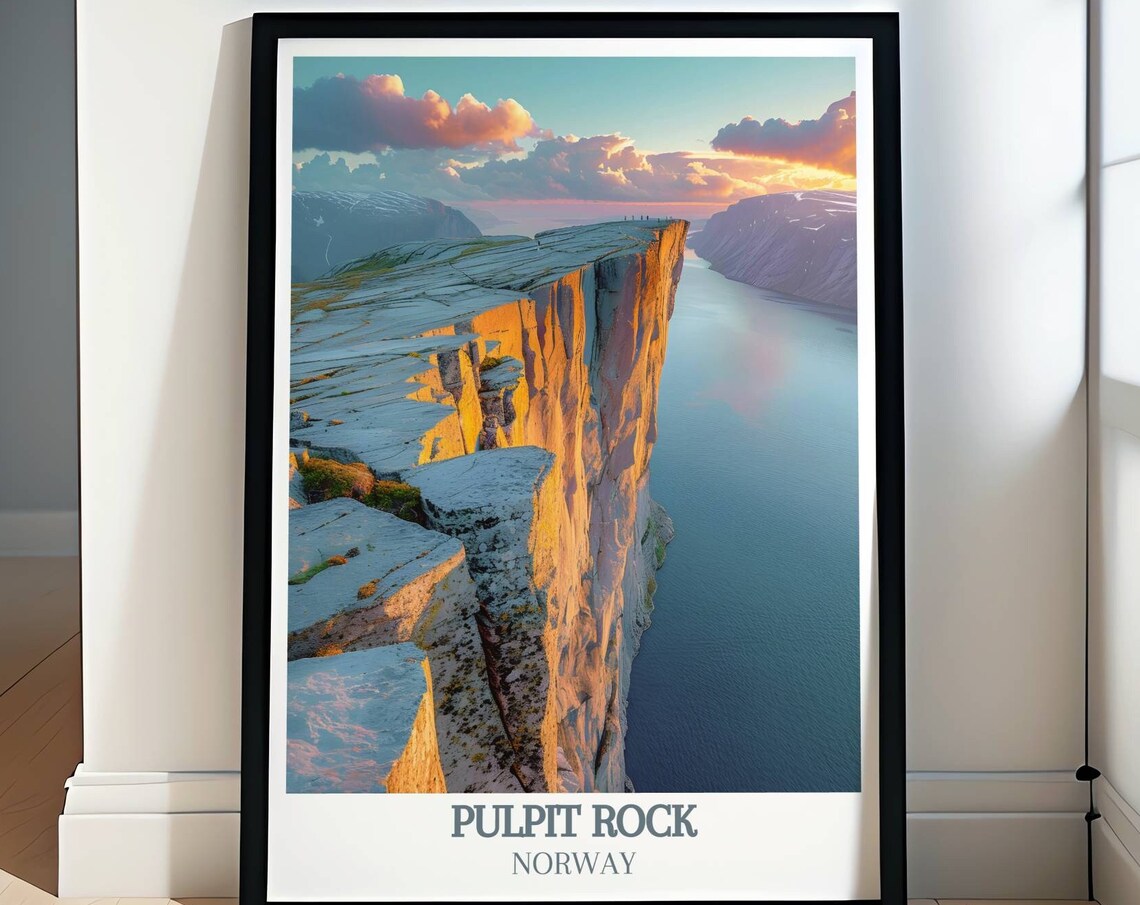Pulpit Rock Norway Fjord Sunset Golden Cliff Edge Travel Poster