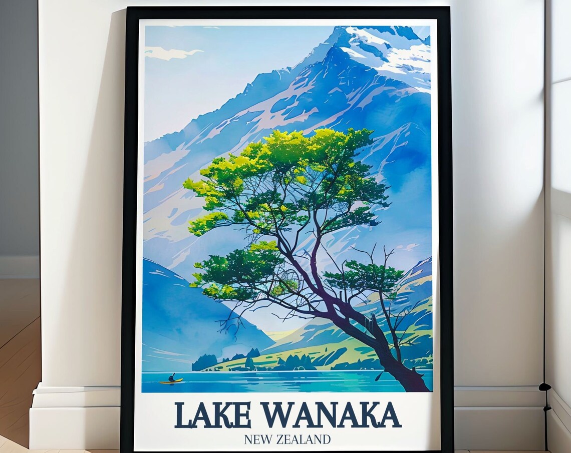 Lake Wanaka New Zealand Alpine Lake Tree With Kayaker Travel Poster