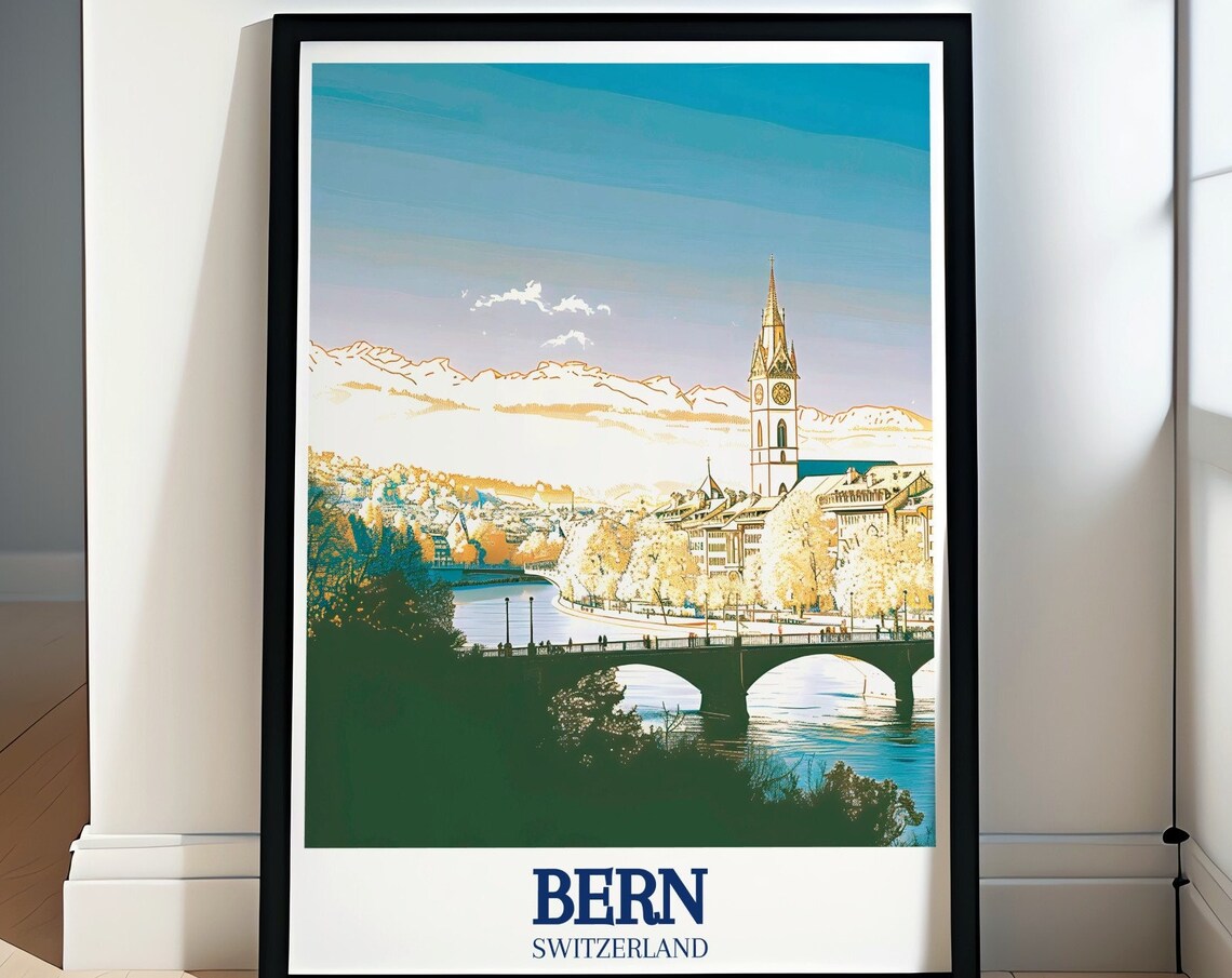 Bern Switzerland Cathedral Bridge Scenic Dawn Sunrise View Poster