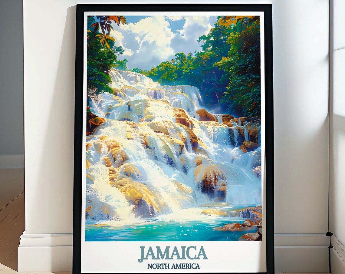 Dunns River Falls Jamaica Terraced Waterfall Forest Travel Poster