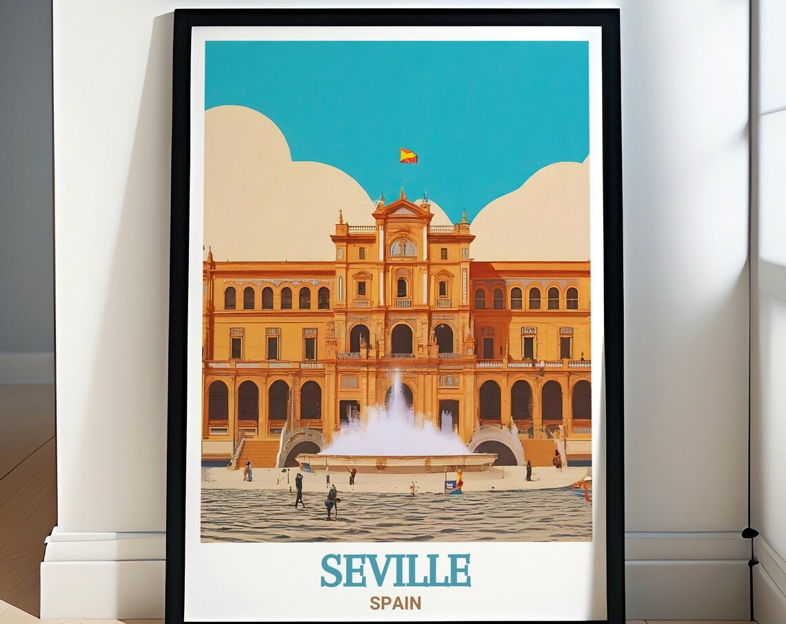 Seville Spain Plaza de Espana Palace and Fountain Travel Poster