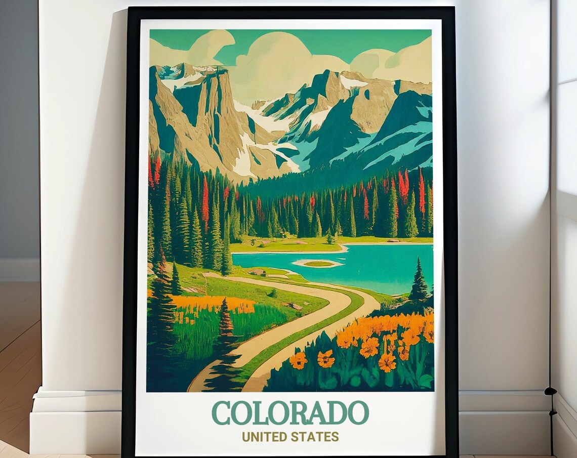 Colorado Mountain Lake Winding Road Pine Forest Travel Poster