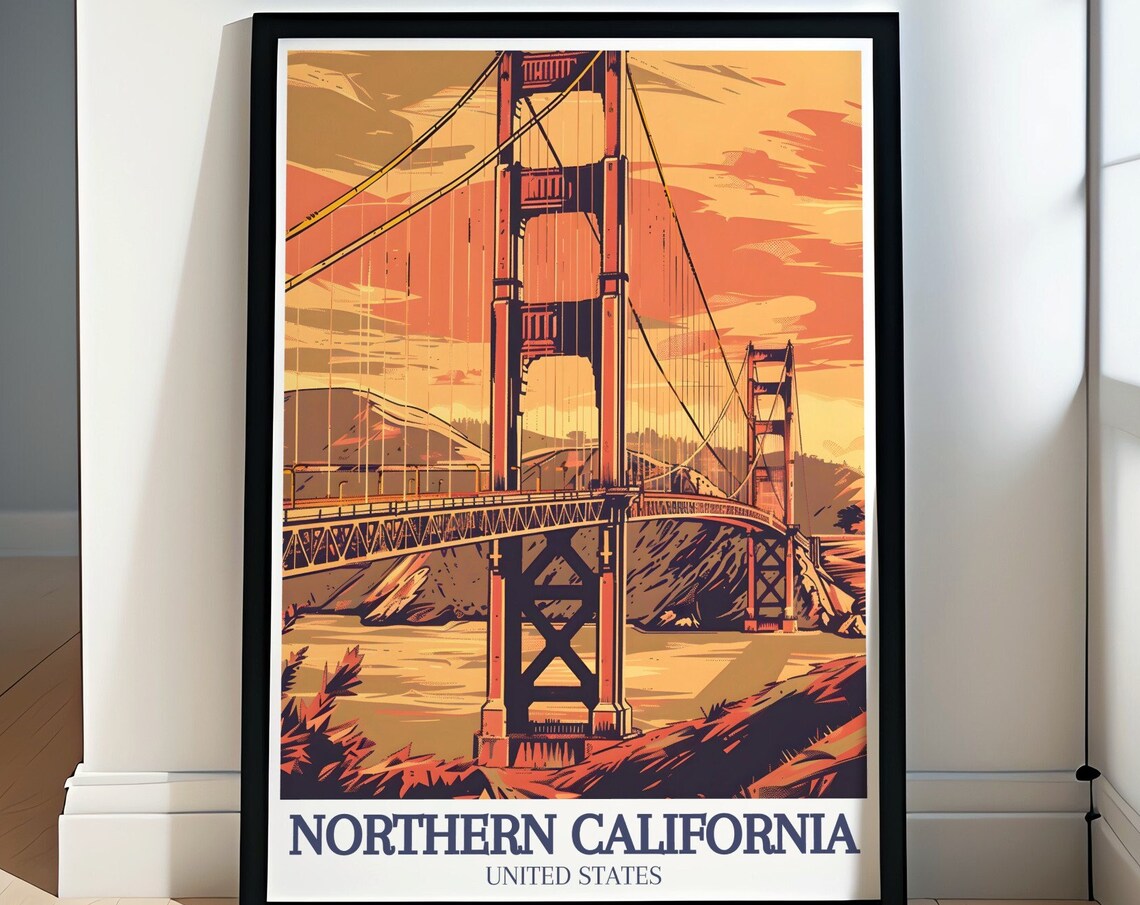 Northern California Golden Gate Bridge Sunset Retro Travel Poster