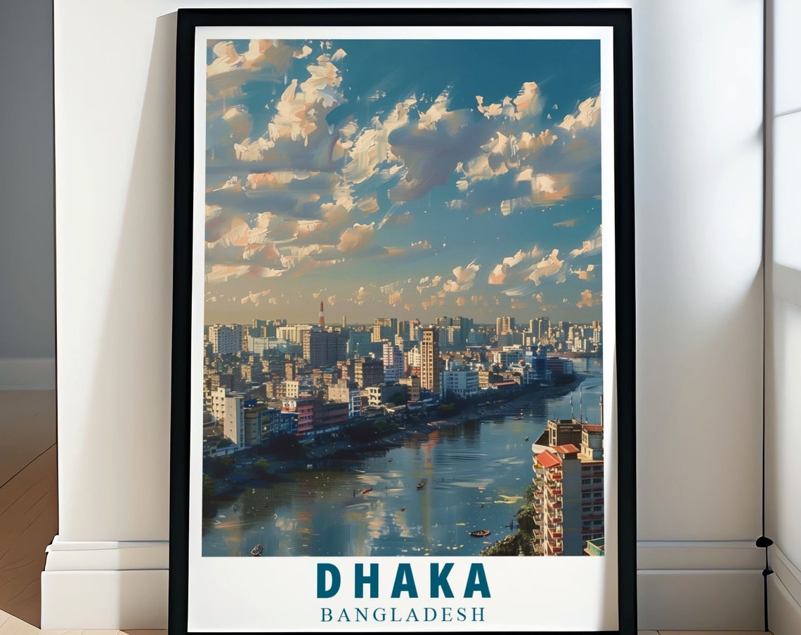 Dhaka Riverfront Cityscape Sunset Clouds Bangladesh Urban View Poster