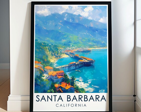 Santa Barbara Stearns Wharf Pier Beach Mountain View Travel Poster