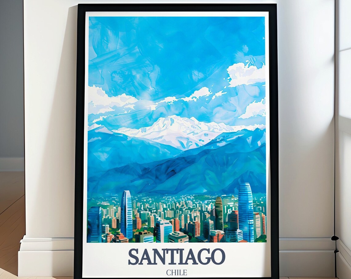 Santiago Chile City Skyline Snowy Andes Mountain Peaks Travel Poster