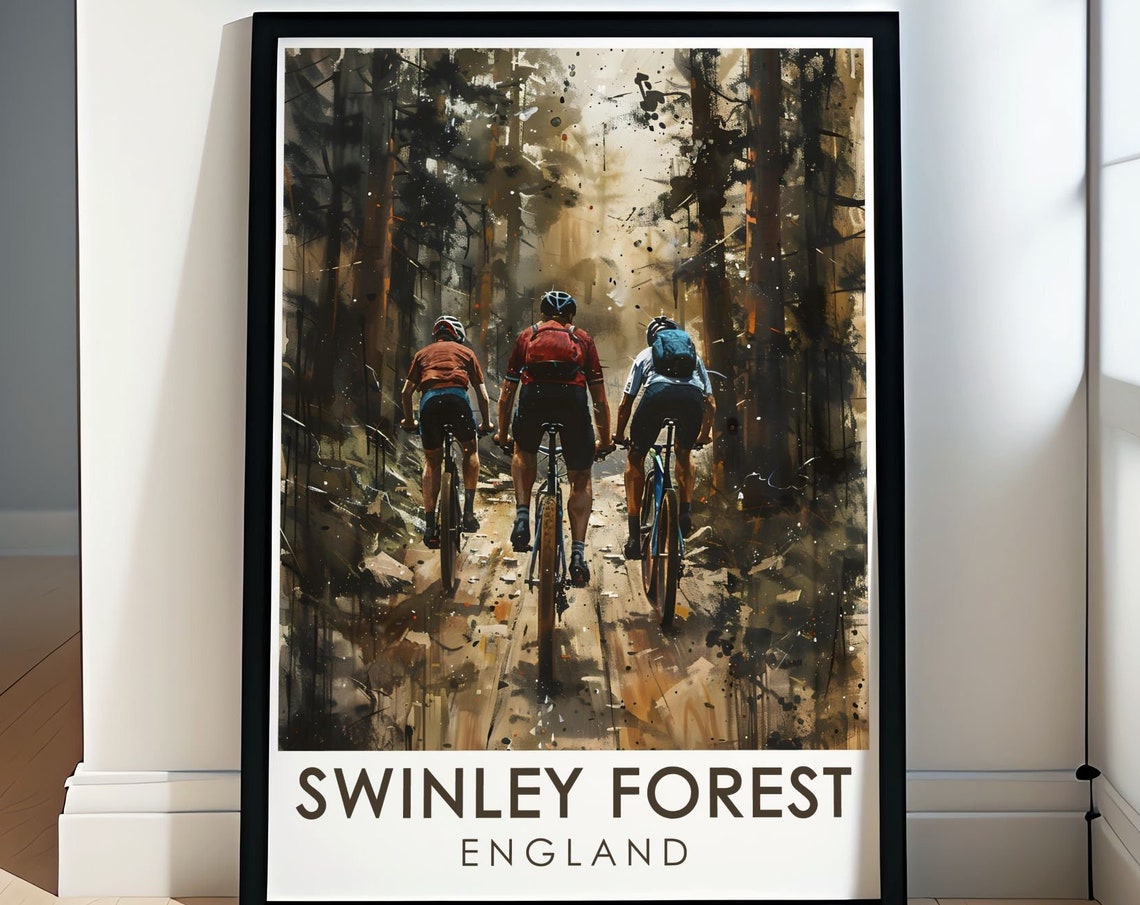 Swinley Forest England Mountain Bikers Trail Watercolor Poster