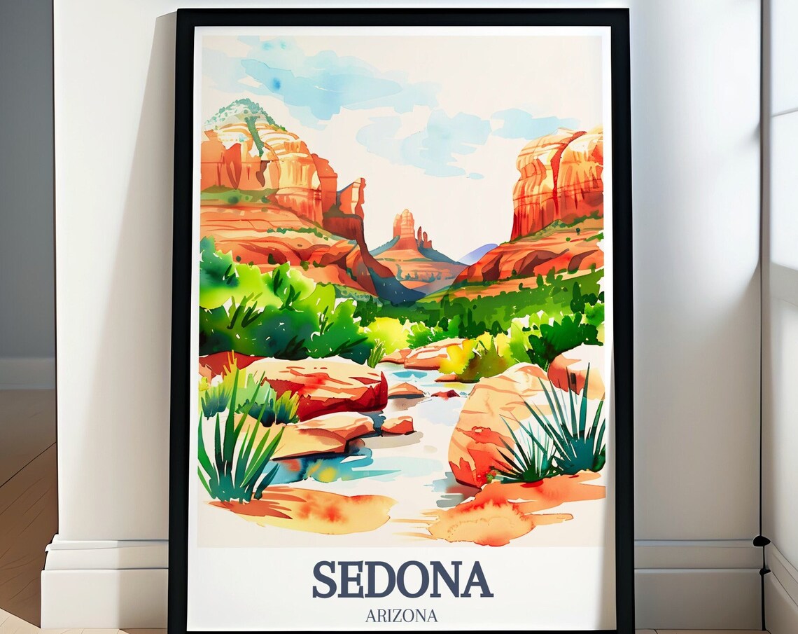 Sedona Arizona Red Canyon Creek Watercolor Style Travel Poster