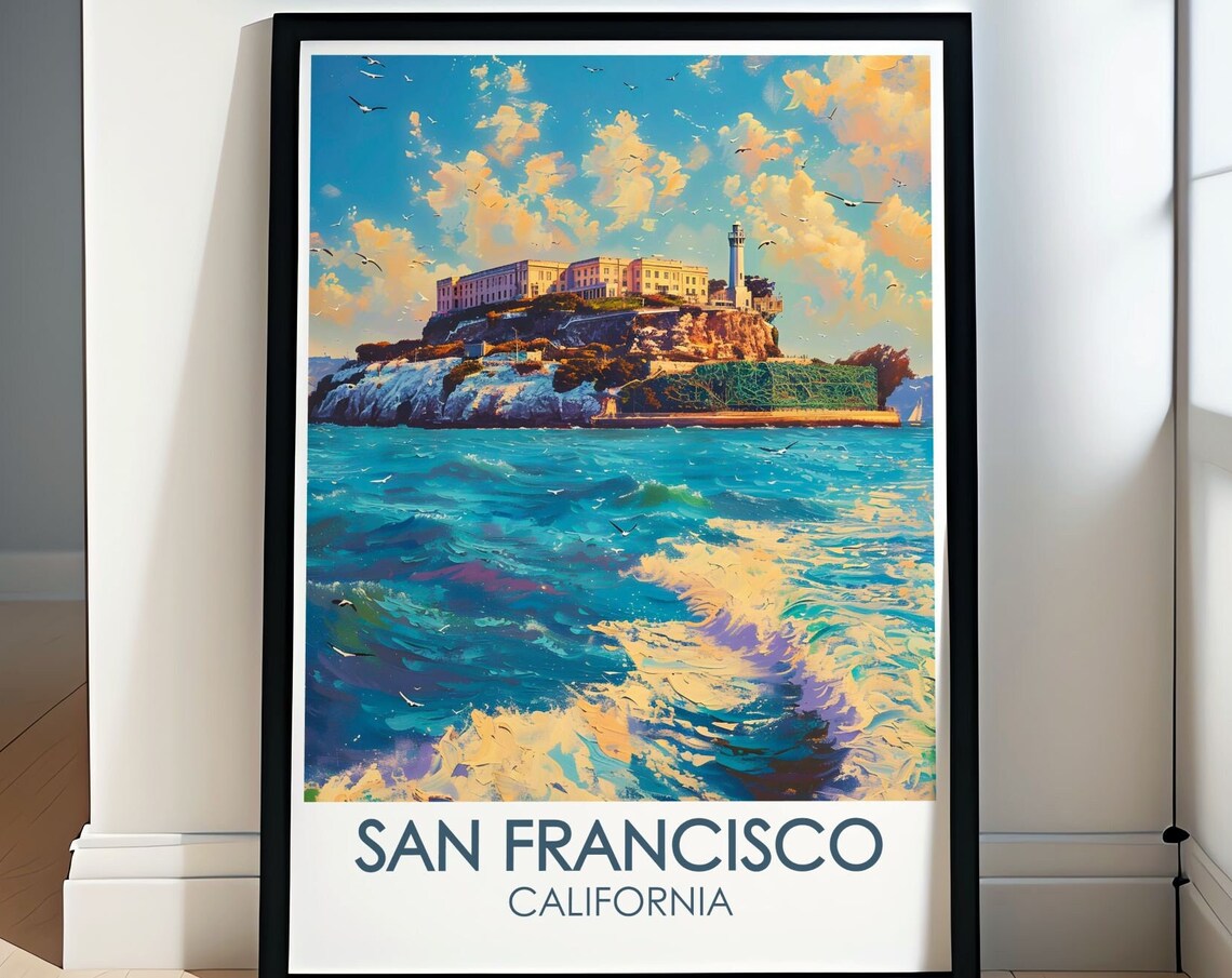 San Francisco Alcatraz Island Bay Waves Historic Travel Poster