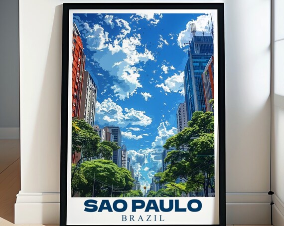 Sao Paulo Brazil Tree-Lined Avenue City Skyline Travel Poster