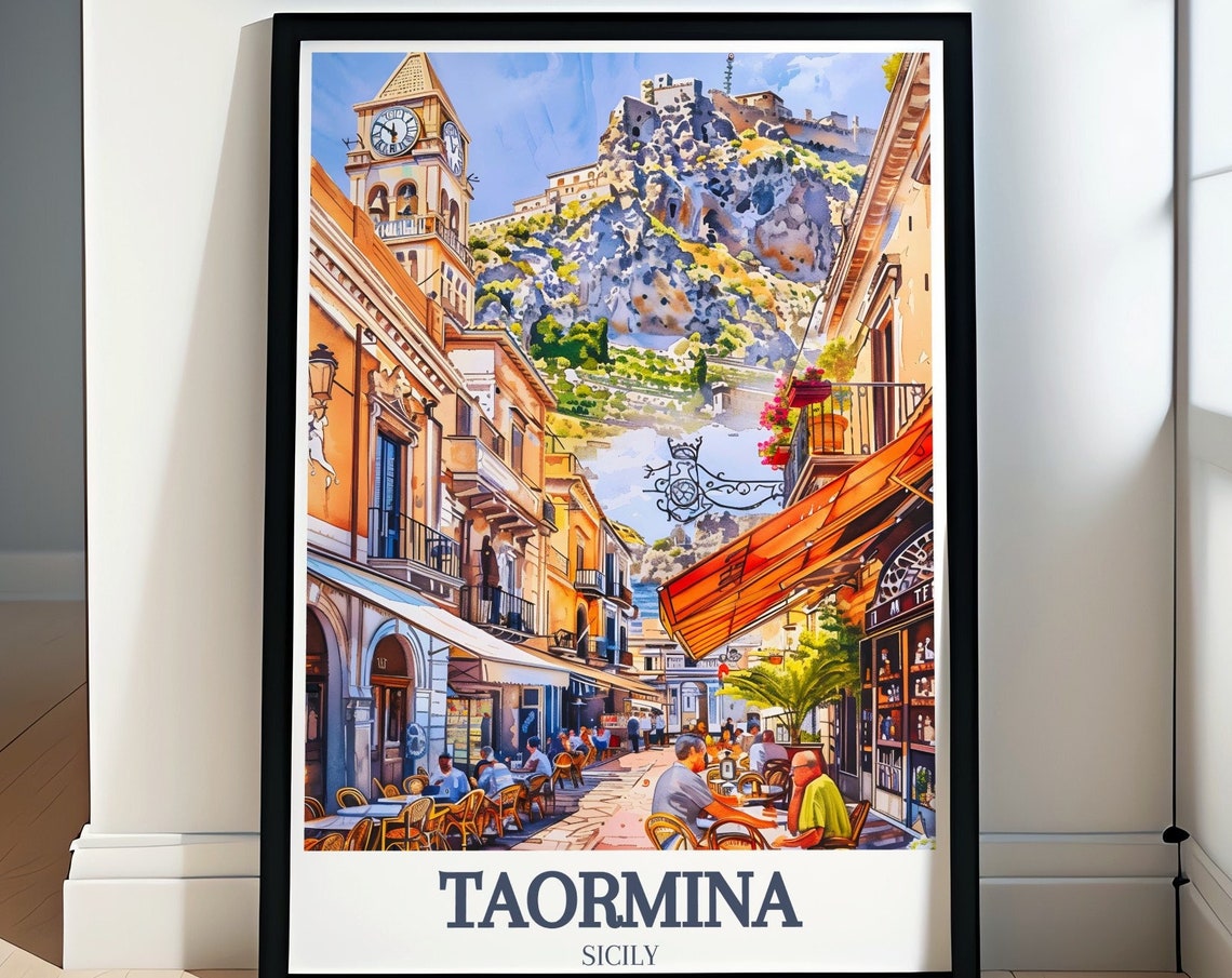 Taormina Corso Umberto Street Cafes Clock Tower Sicily Poster