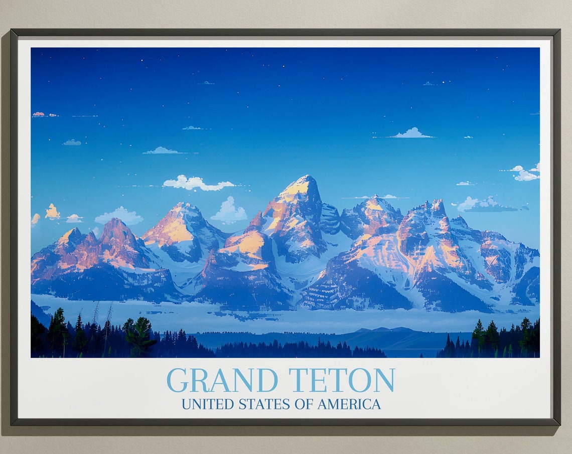 Grand Teton Alpenglow Panorama Snow Range Dawn Peaks Travel Poster