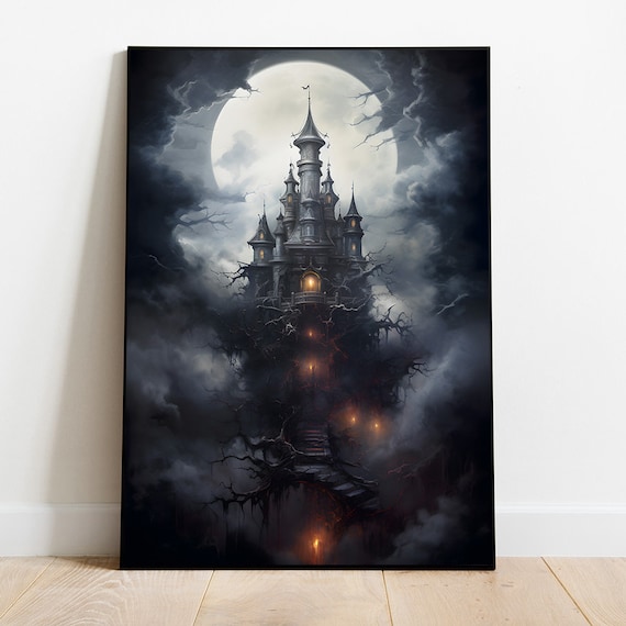 Haunted Gothic Castle Full Moon Storm Clouds Spooky Halloween Print