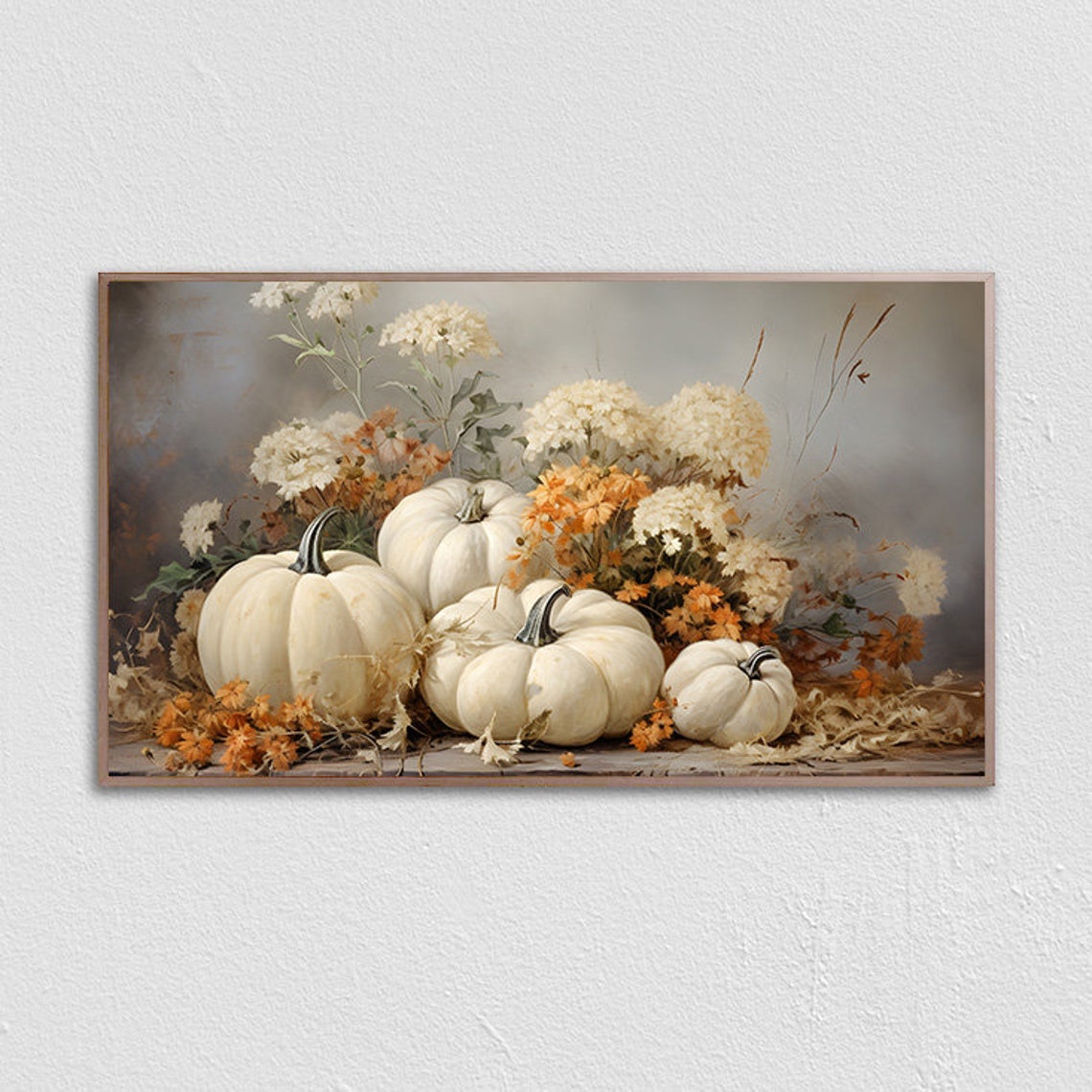 White Pumpkins And Autumn Flowers Fall Still Life Painting Poster