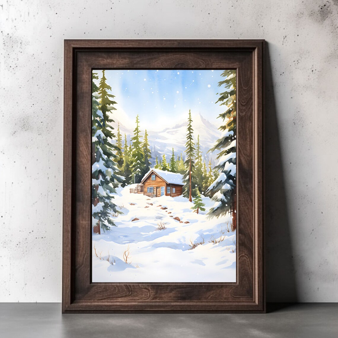 Cozy Cabin In Snowy Mountains Watercolor Winter Painting Poster - Image 2