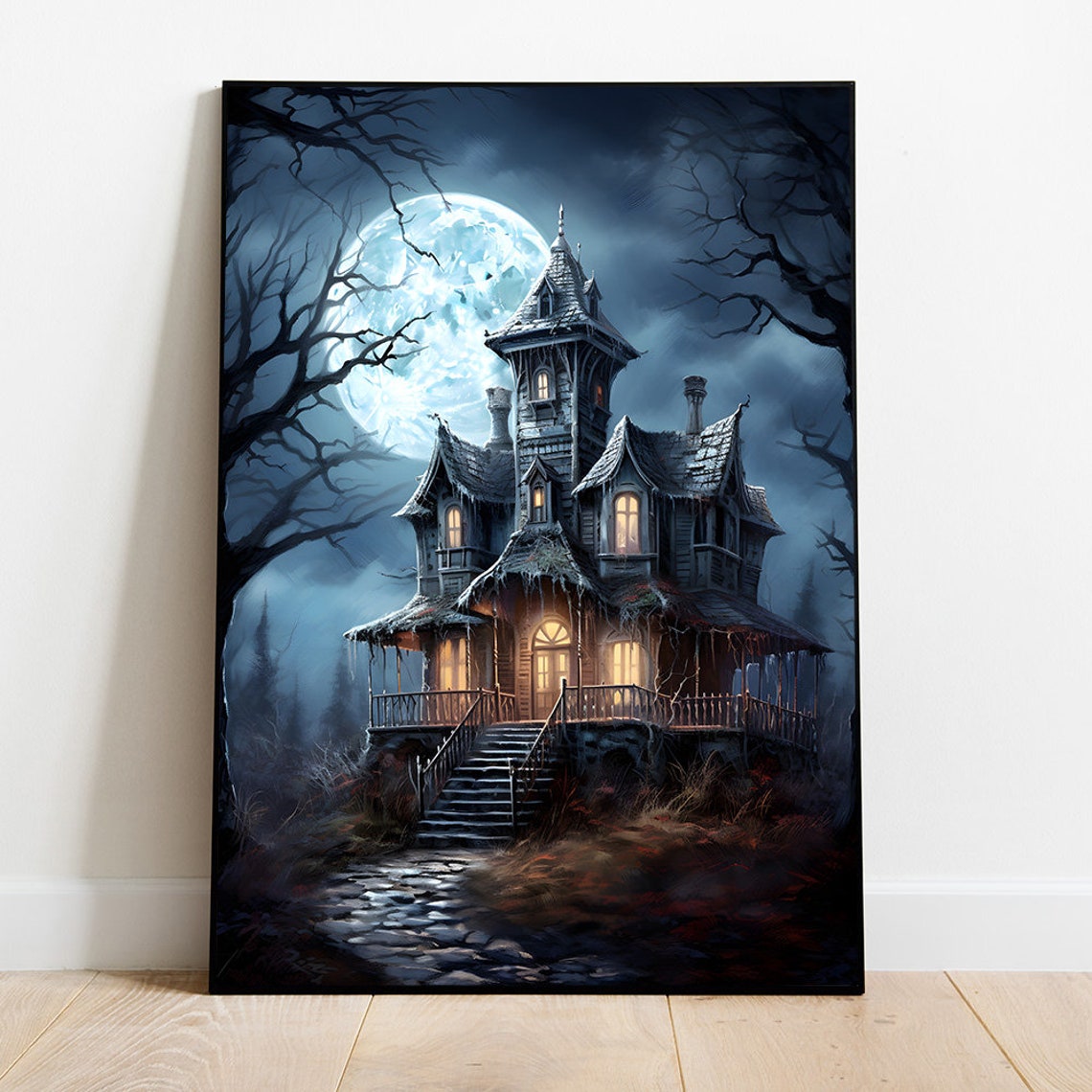 Haunted Victorian House Full Moon Spooky Night Gothic Poster
