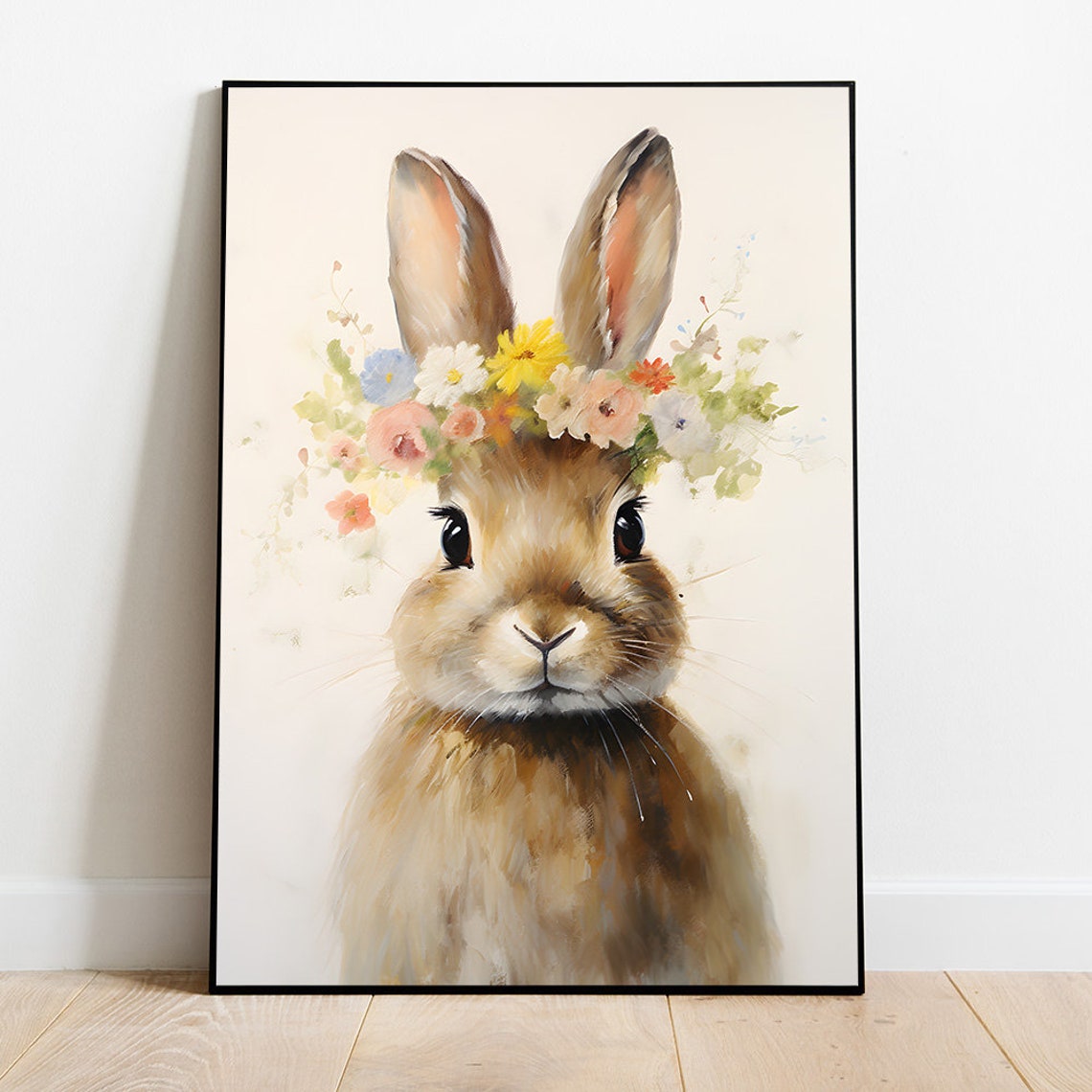 Adorable Bunny With Wildflower Crown Watercolor Nursery Poster