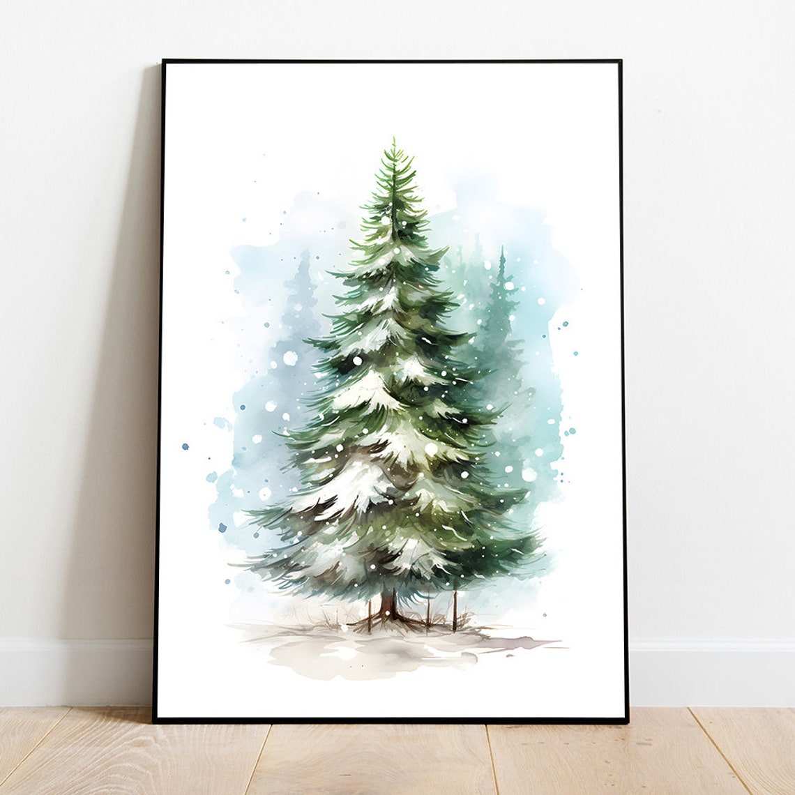 Watercolor Snow Covered Pine Tree On Light Blue Winter Poster