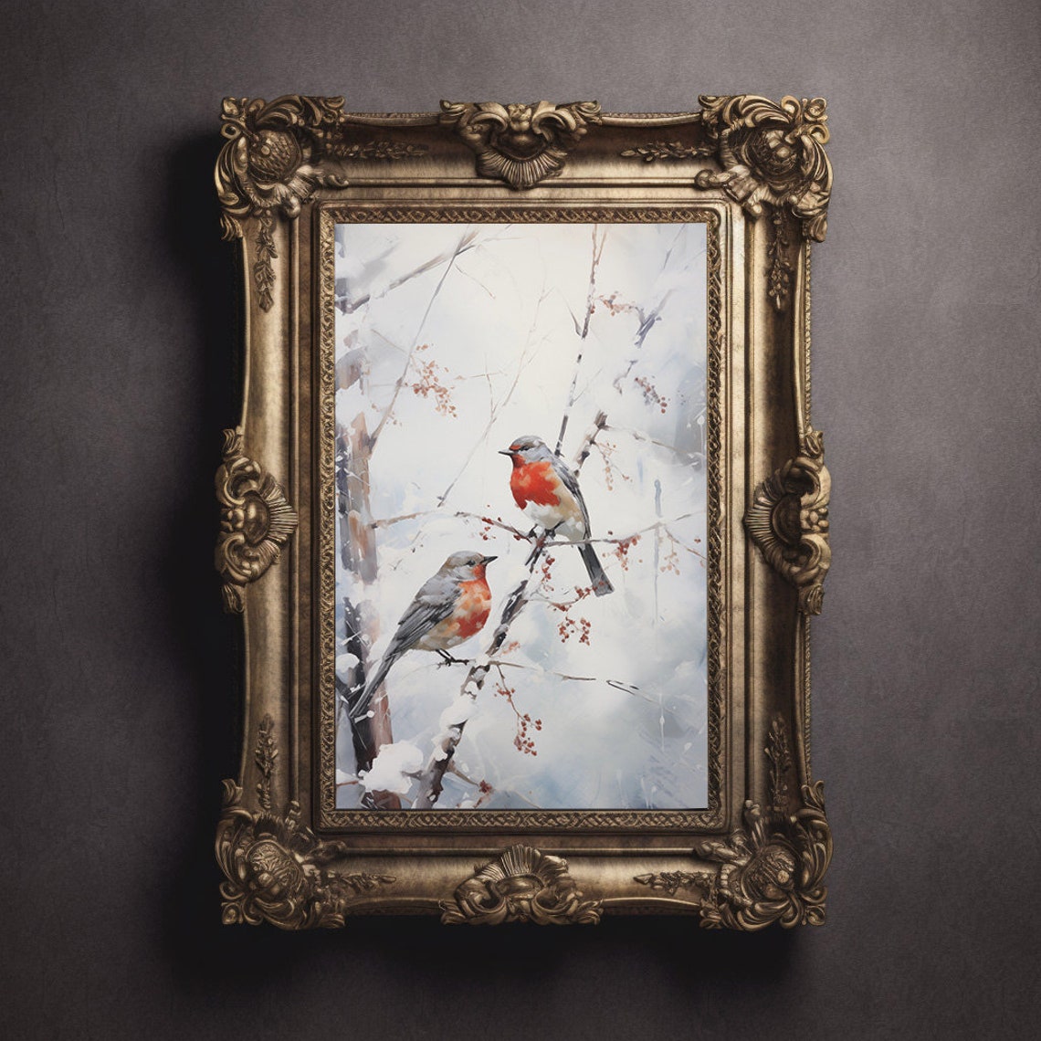 Two Robins On Snow Covered Branches Winter Watercolor Poster - Image 3