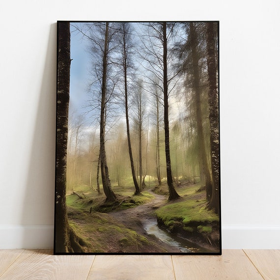Forest Landscape Oil Painting Vintage Pine Trees Art Coutry Landscape Print Rustic Farmhouse Decor