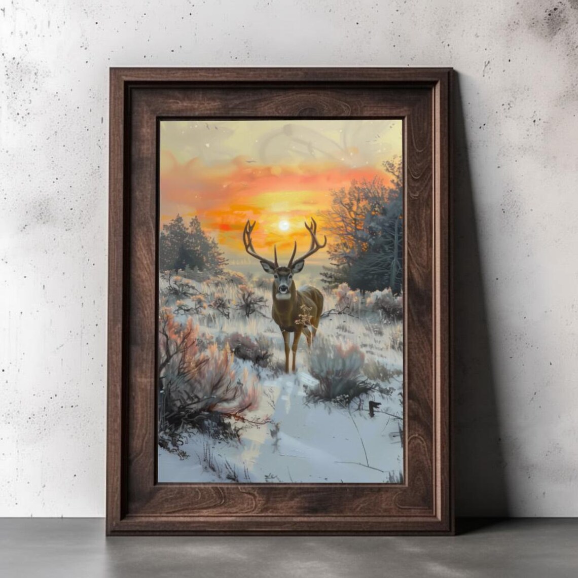 Stag Buck Deer In Snowy Field At Fiery Sunset Wildlife Poster - Image 2