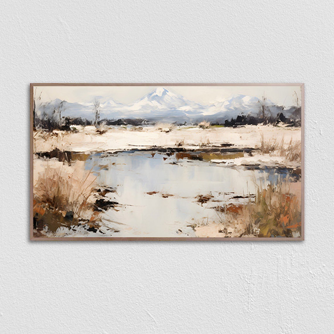Abstract Watercolor Lake With Snowy Mountain Peaks Winter Poster