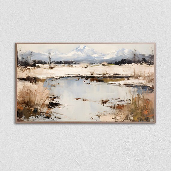 Abstract Watercolor Lake With Snowy Mountain Peaks Winter Poster