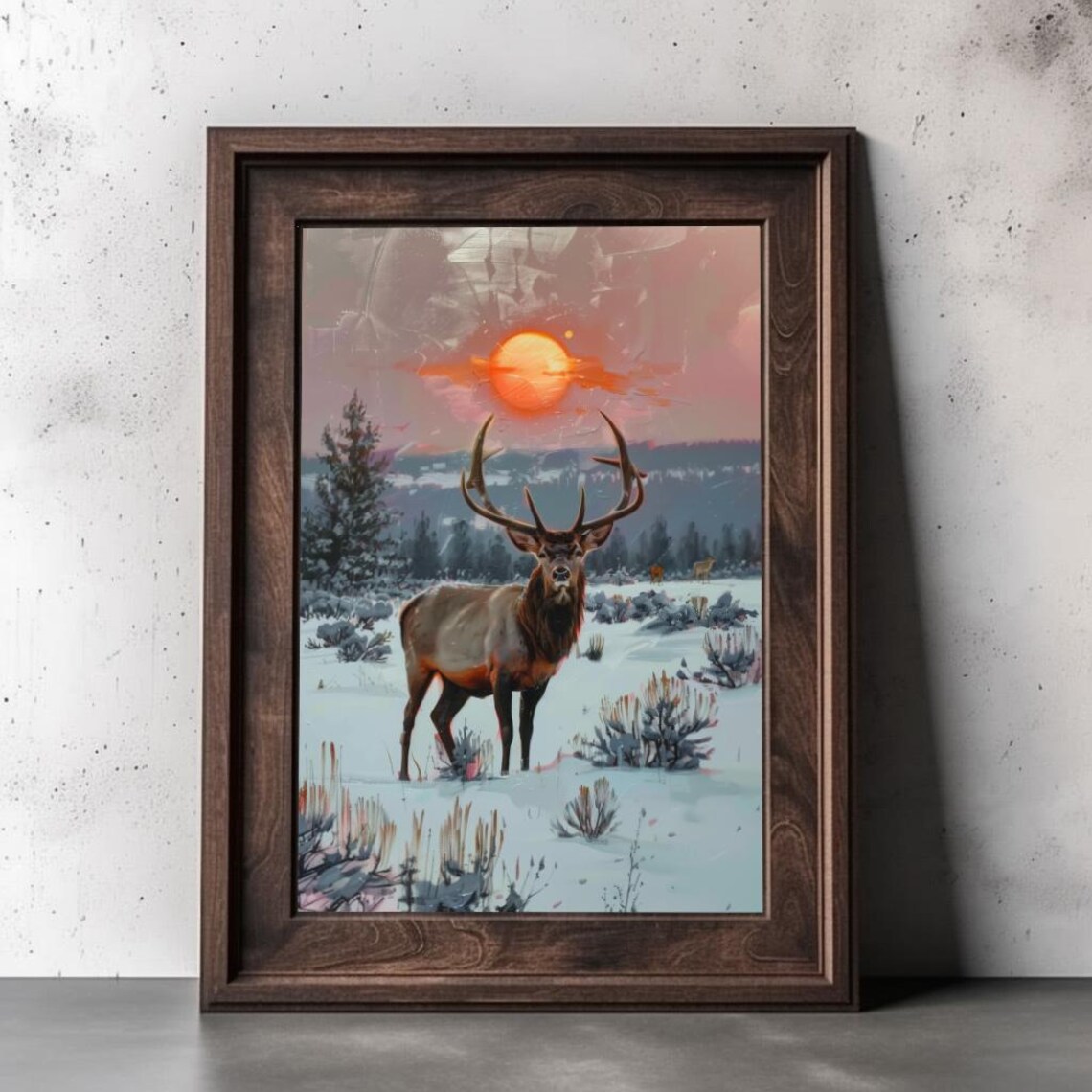Majestic Bull Elk In Snowy Meadow Beneath Pink Sunset Poster - Image 2