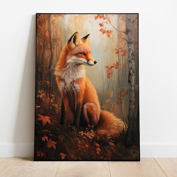 Majestic Red Fox in Birch Forest Autumn Foliage Oil Painting Poster