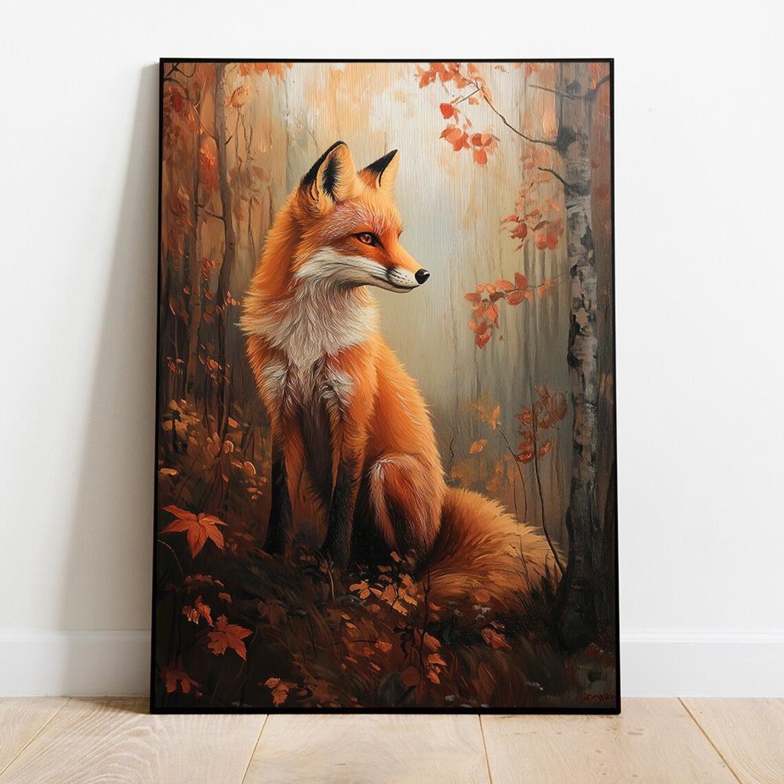 Majestic Red Fox in Birch Forest Autumn Foliage Oil Painting Poster