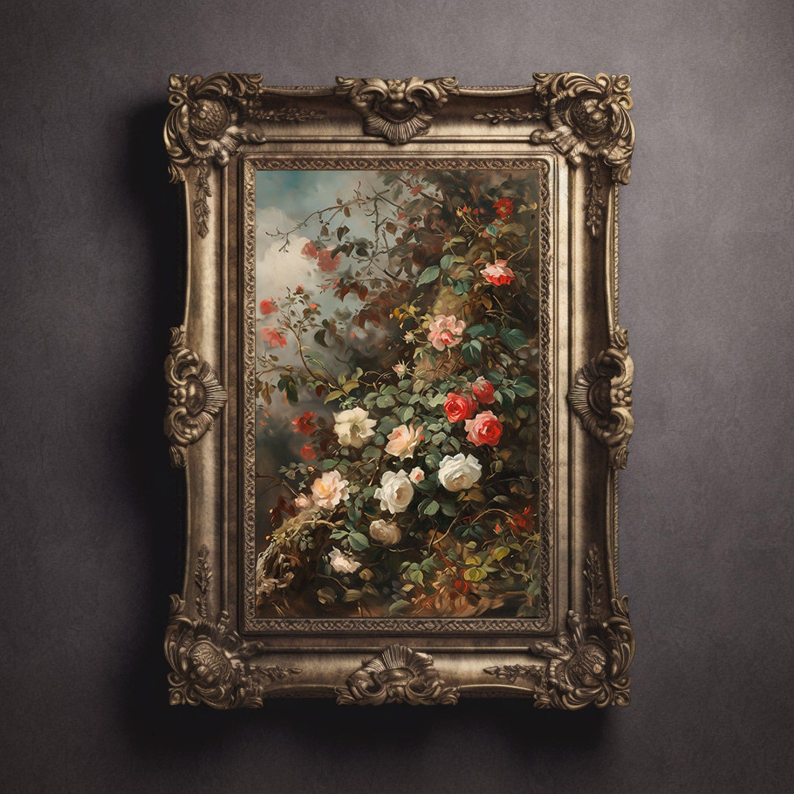 Wild Climbing Roses Bush Vintage Moody Floral Painting Poster - Image 3