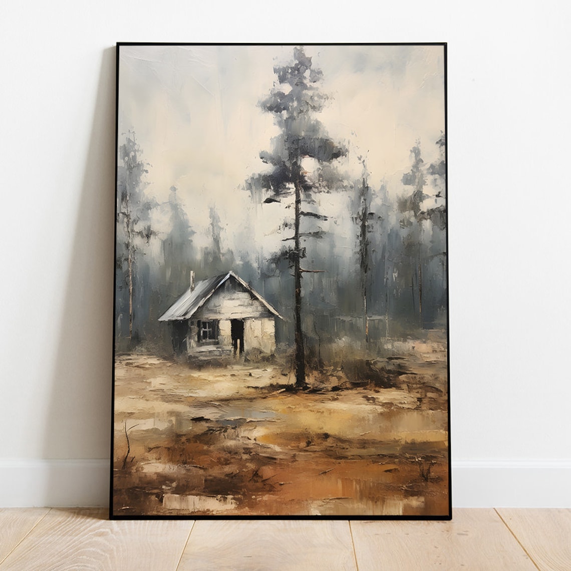 Misty Fall Forest Cabin Warm Autumn Landscape Painting Poster