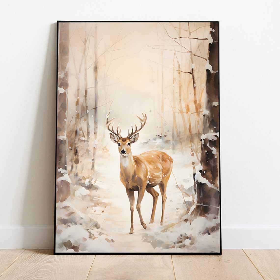 Golden Deer Buck With Antlers In Snowy Forest Watercolor Poster