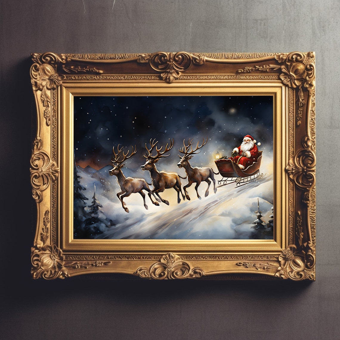 Santa Sleigh Pulled By Three Reindeer Under Starry Sky Poster - Image 3