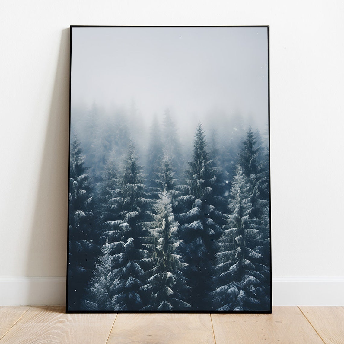 Misty Snow Covered Pine Forest Winter Moody Landscape Poster